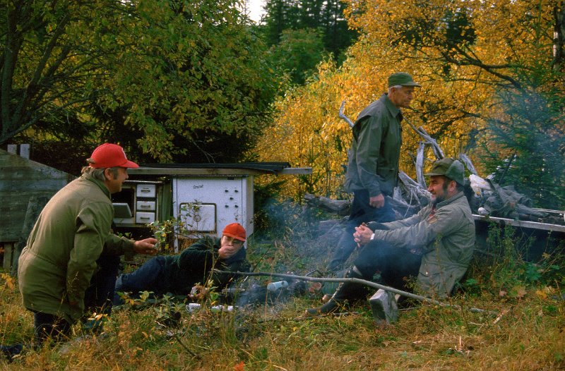1987_05.jpg - Pause med kaffekoking på Smihaugen. Guinnar, Trygve, Jon og Kåre